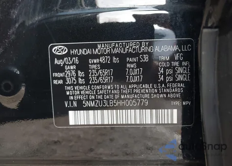 2017 Hyundai Santa Fe Sport 2.4L z USA, uszkodzony, nr VIN 5NMZU3LB5HH005779